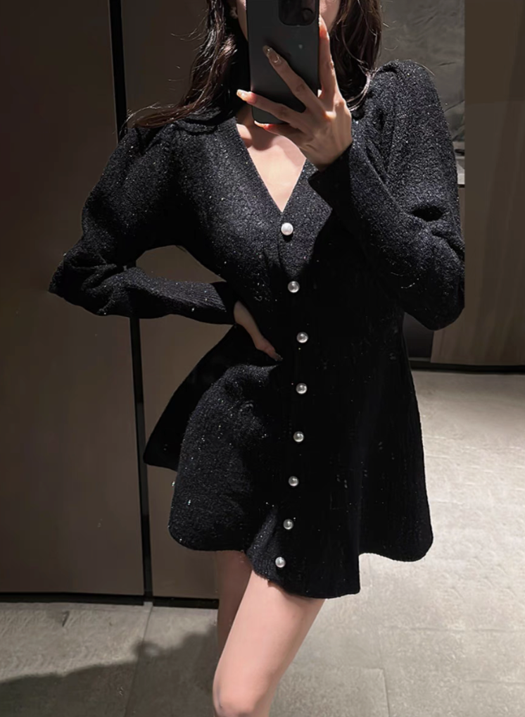 velour black button dress