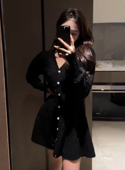 velour black button dress