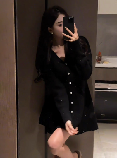 velour black button dress
