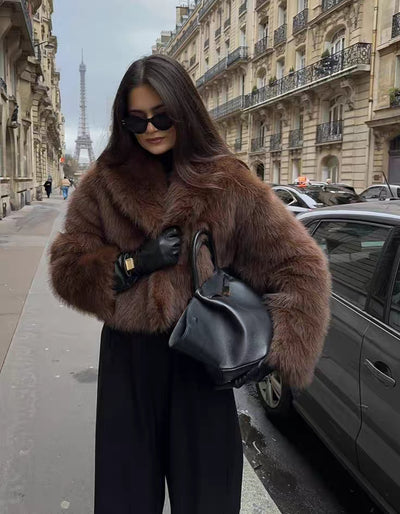 Elegance brown cozy fluffy jacket