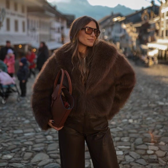 Elegance brown cozy fluffy jacket