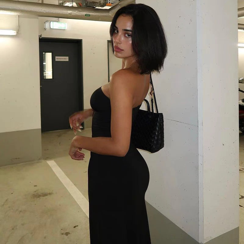 velour black shoulder free dress