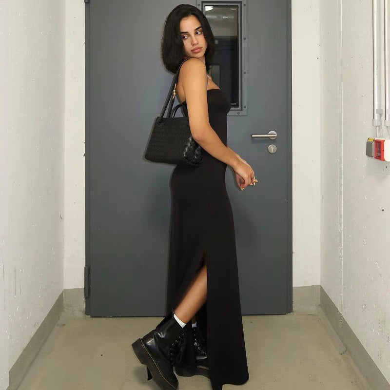 velour black shoulder free dress