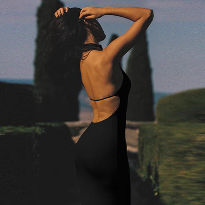 velour luxe black neck dress