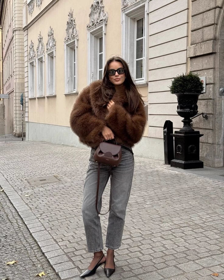 Elegance brown cozy fluffy jacket