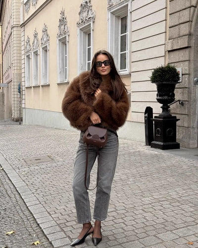 Elegance brown cozy fluffy jacket